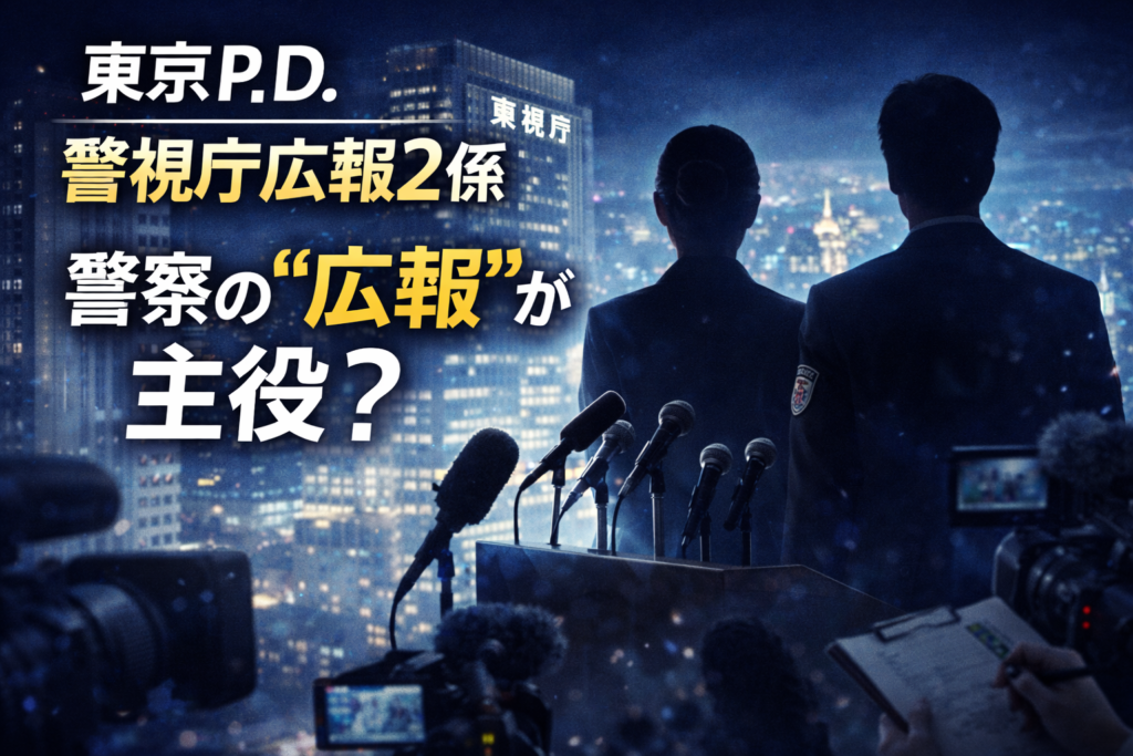 東京P.D. 警視庁広報2係をイメージした警察関係者の人影と会見を連想させるビジュアル