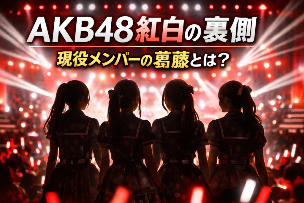 AKB48紅白歌合戦出場をイメージした複数人の女性アイドルのシルエットとステージ照明
