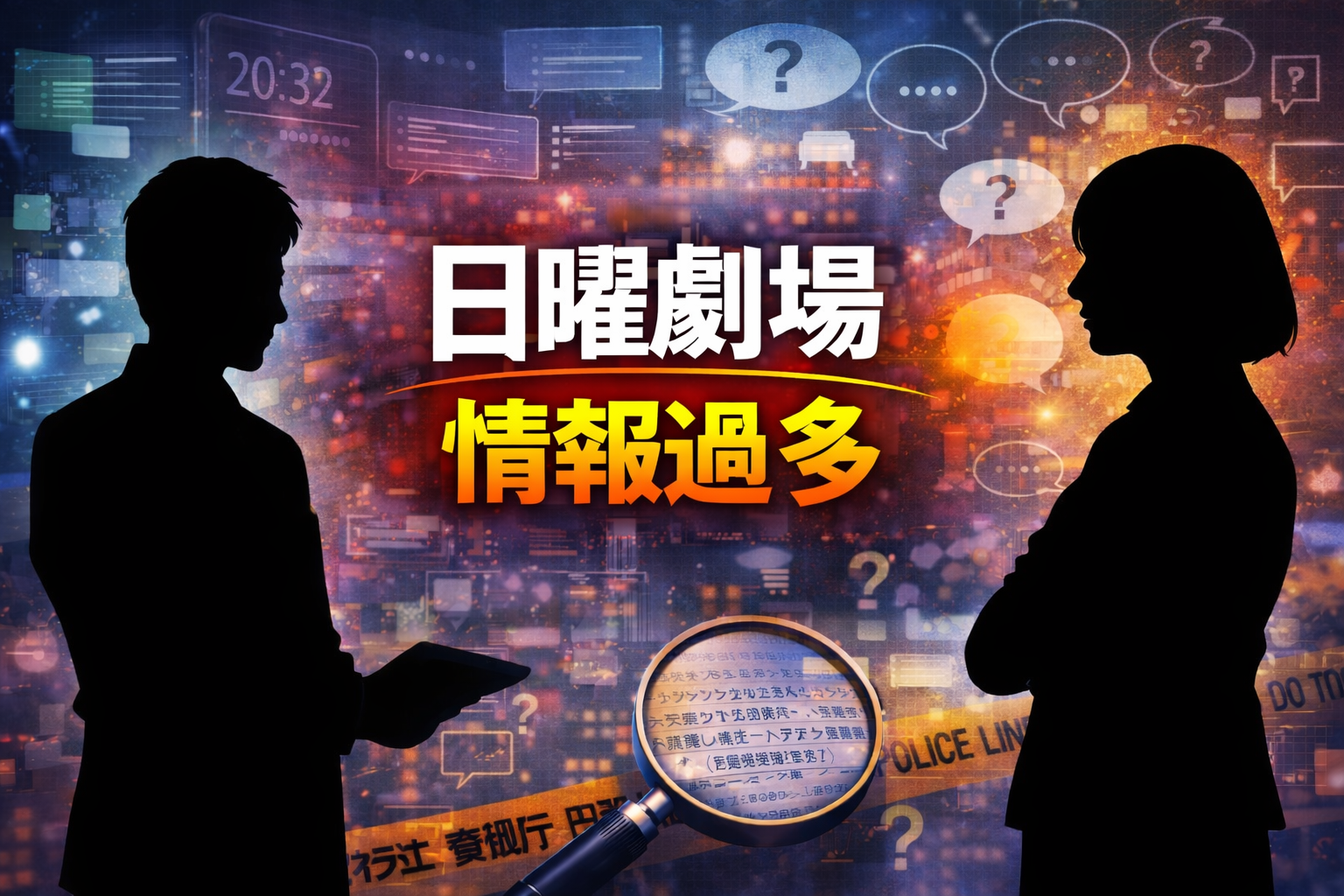 黒いシルエットの人物とドラマの光景を背景に「日曜劇場 情報過多」の文字が配置されたイメージ。