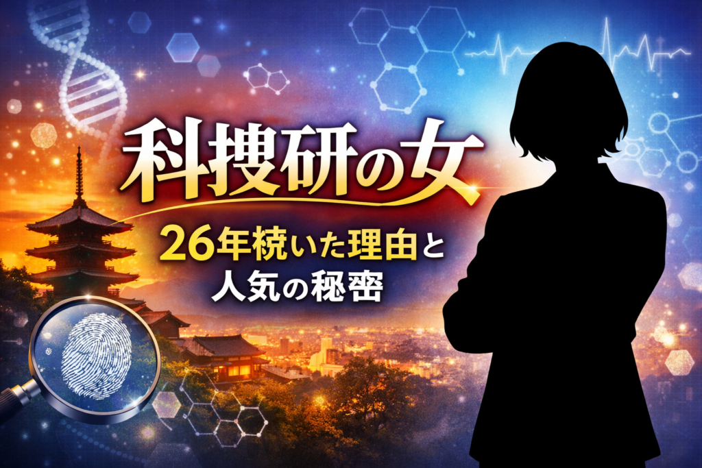 「科捜研の女」シリーズ終了を象徴するシルエットの女性と研究室背景、時間の流れを示す演出が施された画像。