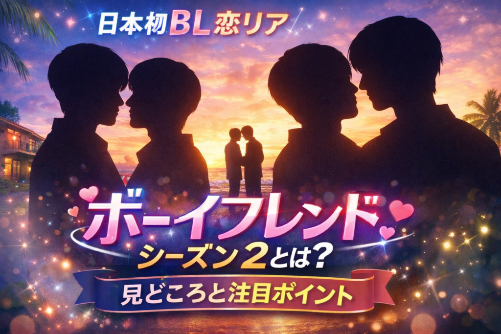 日本初のBL恋愛リアリティ番組「ボーイフレンド」シーズン2をイメージした、夕焼けの海辺に男性カップルのシルエットが描かれたビジュアル