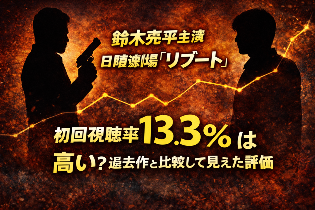 日曜劇場「リブート」初回視聴率13.3％を示すグラフと、ドラマを象徴する人物シルエットのイメージ