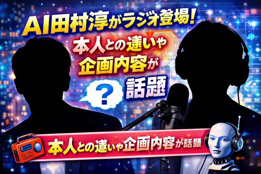 AI田村淳がラジオ番組に登場する企画を紹介するアイキャッチ画像。人物シルエットとマイク、ロボットアイコンが配置され、「本人との違いや企画内容が話題」との文字が強調されている。