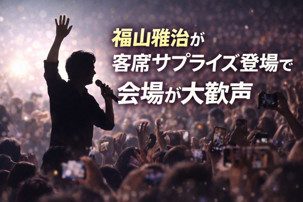 福山雅治が客席からサプライズ登場し、会場が大歓声に包まれた様子を表現したアイキャッチ画像