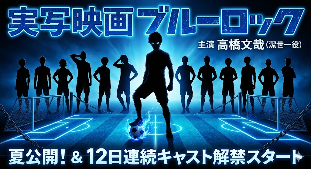 「実写映画ブルーロック」のタイトルロゴと、サッカー場に立つ潔世一らチームZのメンバー12人のシルエット。「主演 高橋文哉（潔世一役）」「夏公開！＆12日連続キャスト解禁スタート」という文字情報が含まれたアイキャッチ画像。
