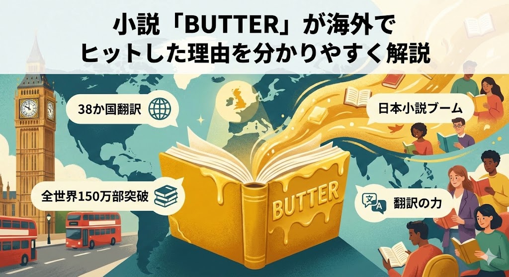 小説『BUTTER』が海外でヒットした理由を解説するアイキャッチ画像。中央にバターが溶け出す大きな本が置かれ、背景にはイギリスの街並みと世界地図、本を読む海外の人々が描かれている。「38か国翻訳」「全世界150万部突破」「日本小説ブーム」「翻訳の力」という解説キーワードが含まれている。