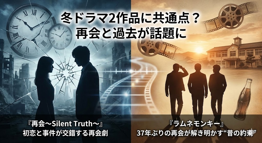 冬ドラマ『再会〜Silent Truth〜』と『ラムネモンキー』の共通点「再会と過去」を表現したアイキャッチ画像。左側はサスペンス調の男女シルエットと割れた時計、右側は夕暮れの学校と3人の男性シルエットでノスタルジックに対比させている。