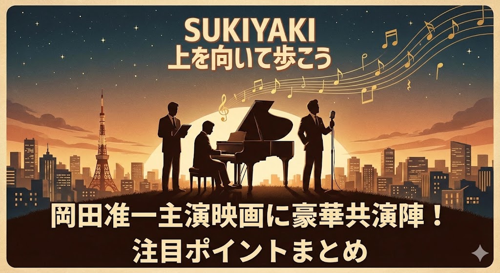 岡田准一主演映画『SUKIYAKI 上を向いて歩こう』キャスト・見どころまとめ記事のアイキャッチ。夕暮れの東京タワーを背景に、ピアノを弾く人物や歌う人物など3人のシルエットが描かれている。