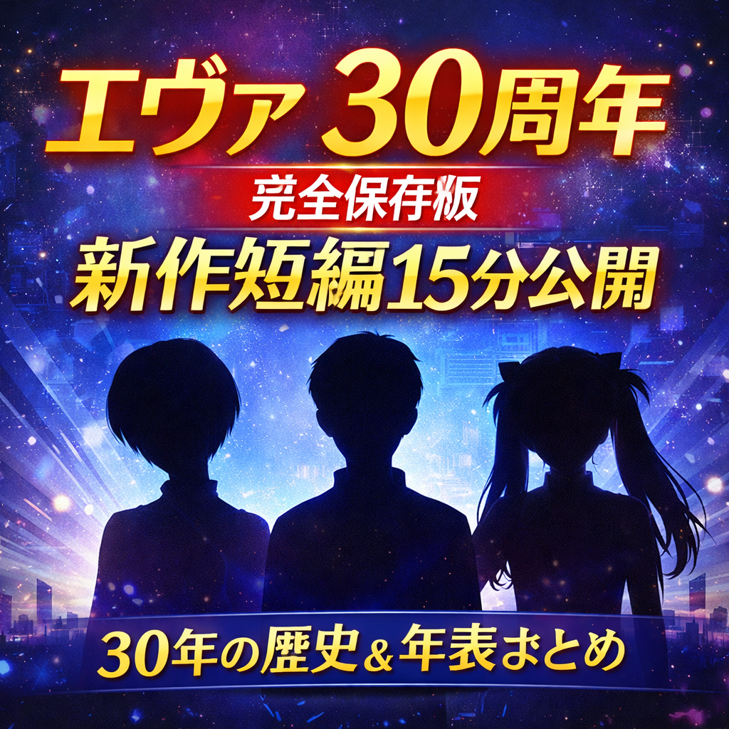 エヴァンゲリオン30周年を記念した新作短編15分公開を告知するアイキャッチ画像。中央にシルエットのキャラクター3人が立ち、背景は宇宙と近未来都市風の演出。大きく「エヴァ30周年」「完全保存版」「新作短編15分公開」「30年の歴史＆年表まとめ」と文字が配置されている。