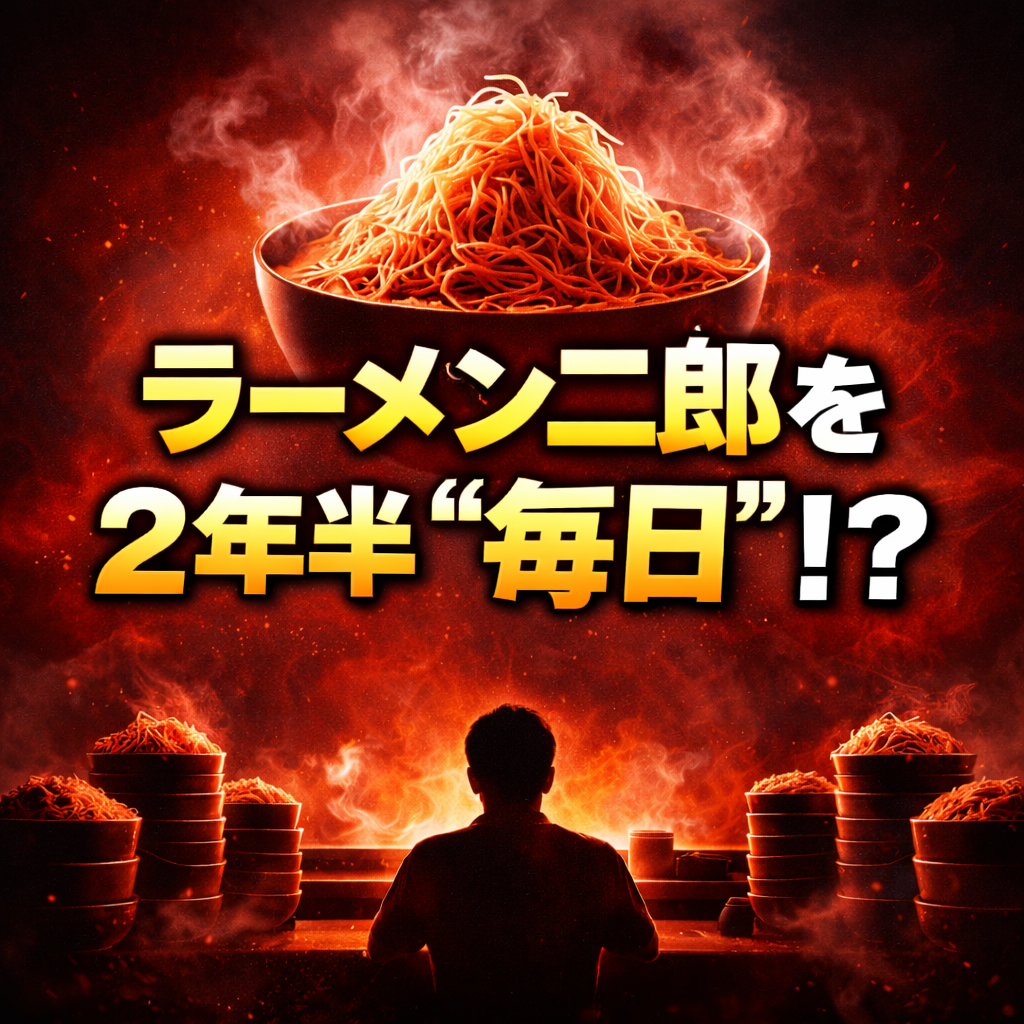 赤と黒を基調にした背景に、丼のシルエットと山盛りラーメンの影を配置し、「ラーメン二郎を2年半“毎日”！？」という大きな白文字が中央に配置されたインパクト重視のアイキャッチ画像。