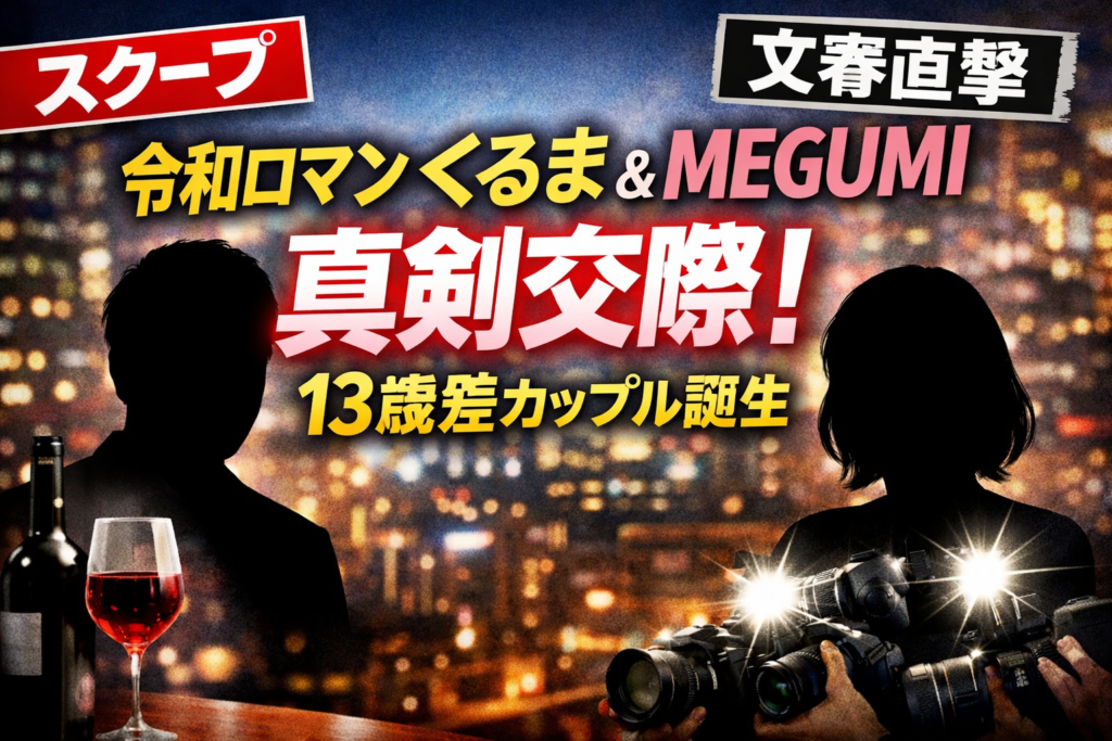 令和ロマン高比良くるまとMEGUMIの交際報道を伝える文字中心デザインのアイキャッチ画像