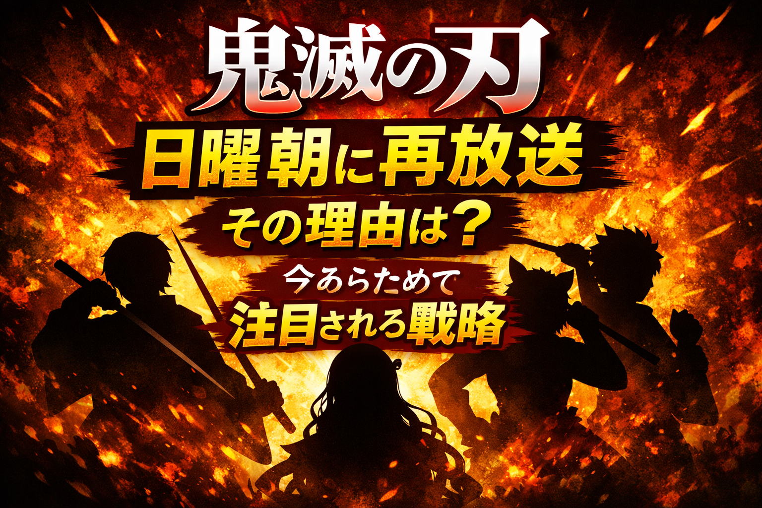 鬼滅の刃の再放送を告知する文字中心のアイキャッチ。 日曜朝9時半放送を強調したデザインで、キャラクターはシルエット表現。