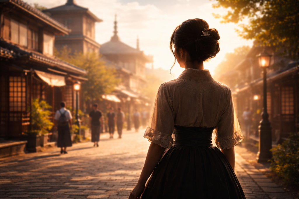 朝ドラ『風、薫る』をイメージした明治時代の女性シルエット画像