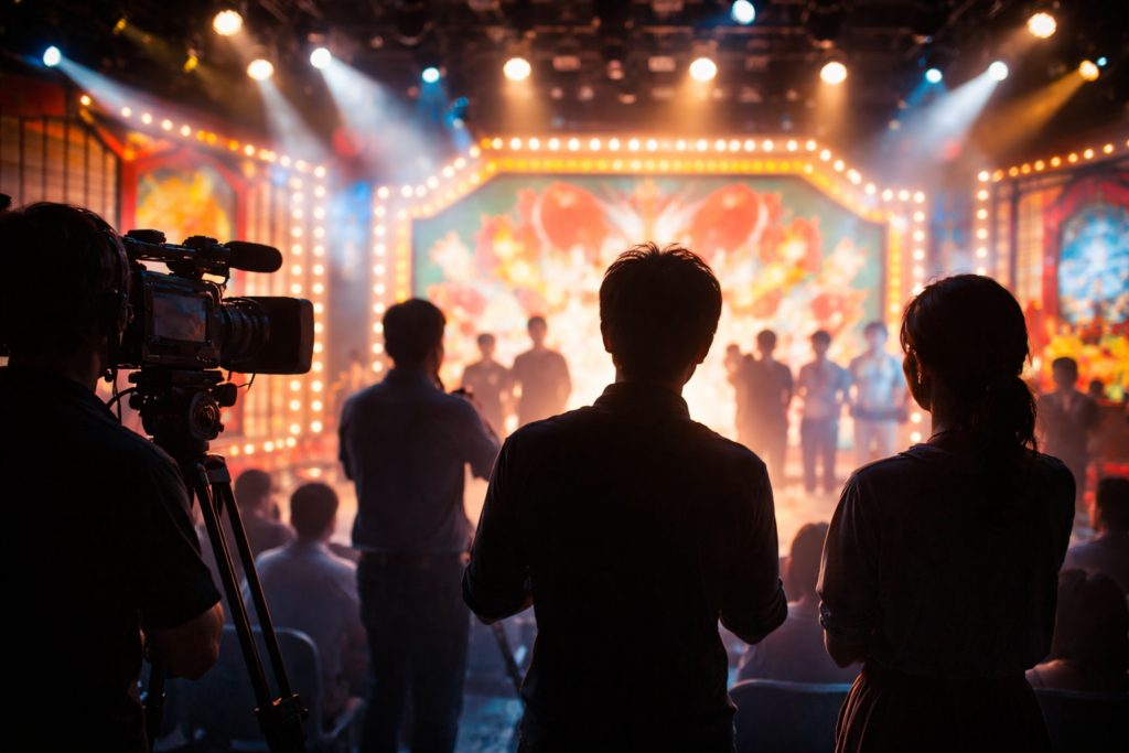 バラエティ番組の収録現場をイメージした人物シルエットの画像