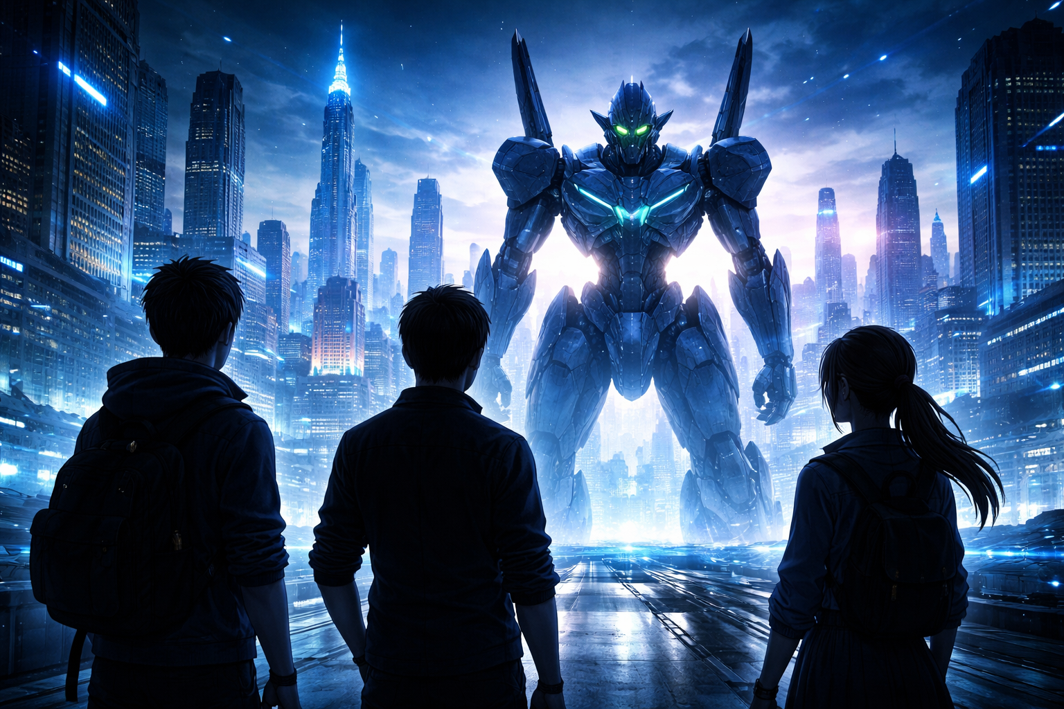 エヴァンゲリオン新作をイメージした近未来都市と巨大ロボット、人物シルエットの画像