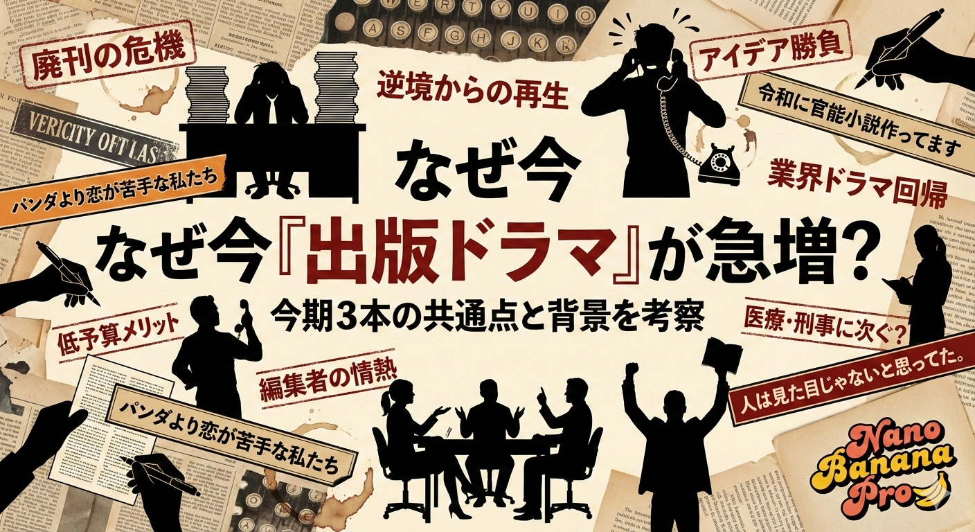 「なぜ今『出版ドラマ』が急増？」という大きな文字を中心に、編集者の仕事風景や会議の様子をシルエットで描いた、レトロな新聞・雑誌風のデザイン。