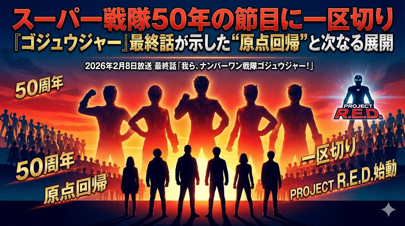 夕焼けの空を背景に、5人のスーパー戦隊と素面のメンバーたちが並び立つシルエットのアイキャッチ画像。「スーパー戦隊50年の節目に一区切り」という大きな文字と、新プロジェクト「PROJECT R.E.D.」のロゴが含まれている。