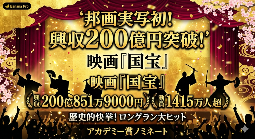 映画『国宝』200億円突破をイメージした歌舞伎舞台と人物シルエットの画像