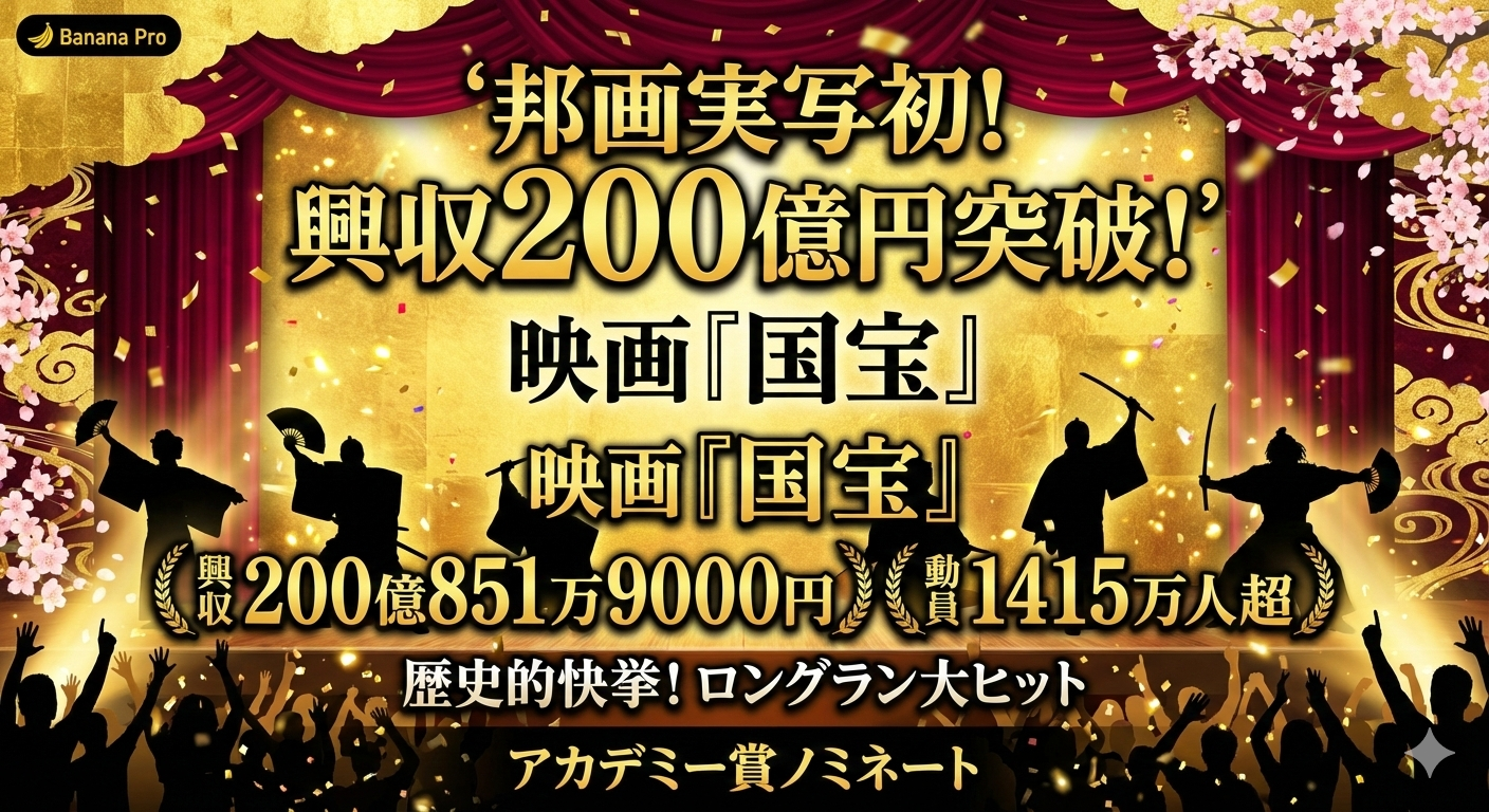 歌舞伎の舞台を模した華やかな金屏風と赤い幕を背景に、「邦画実写初！興収200億円突破！映画『国宝』」という大きな文字が中央に配置された画像。舞台上には歌舞伎役者のシルエット、手前には歓喜する観客のシルエットが描かれ、興行収入200億851万9000円、動員1415万人超という詳細な記録が記載されている。