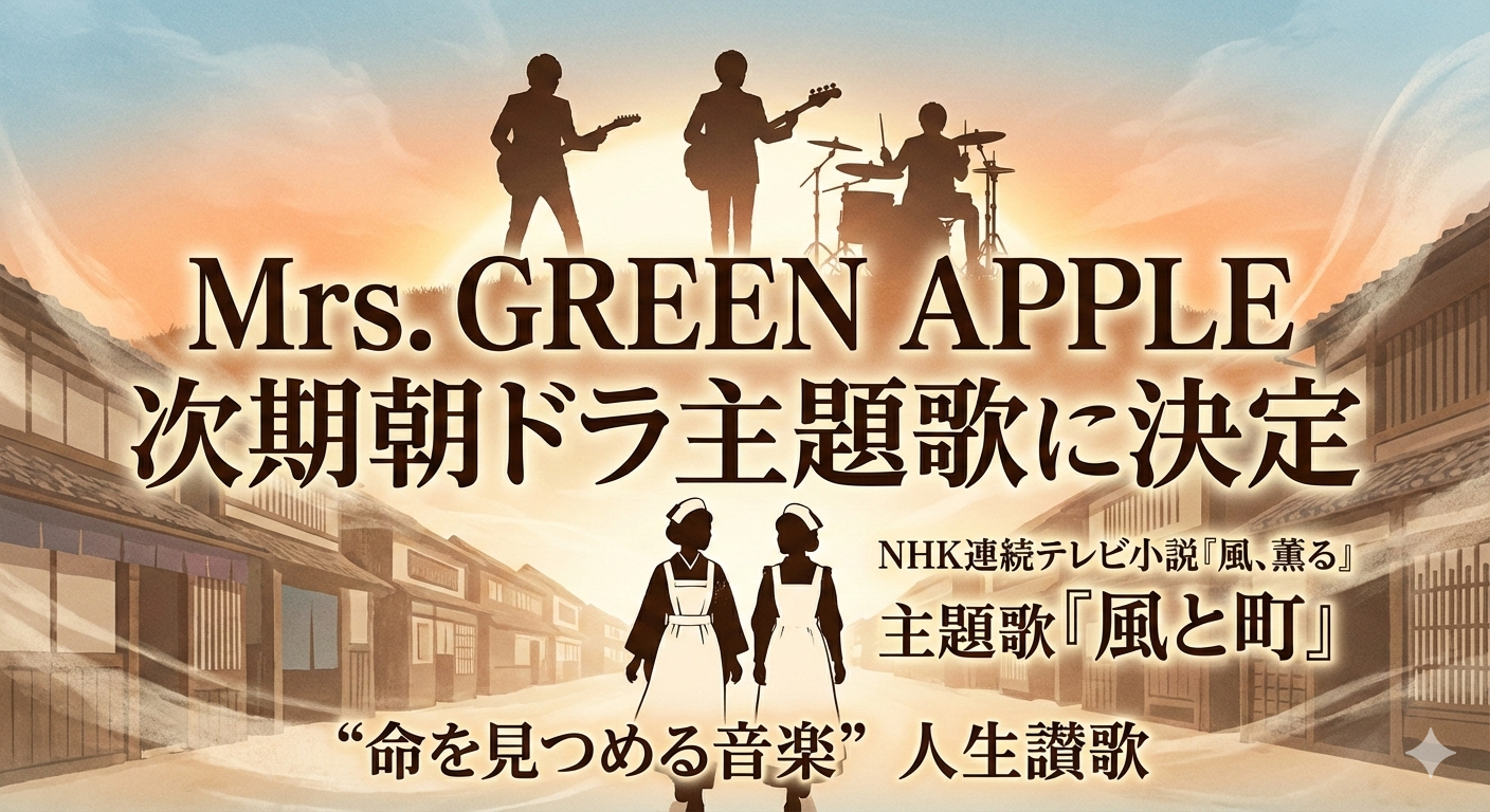 明治時代の町並みを背景に、Mrs. GREEN APPLEのメンバー3人と、看護婦姿の女性2人のシルエットが描かれた、NHK朝ドラ主題歌決定のニュースアイキャッチ画像。