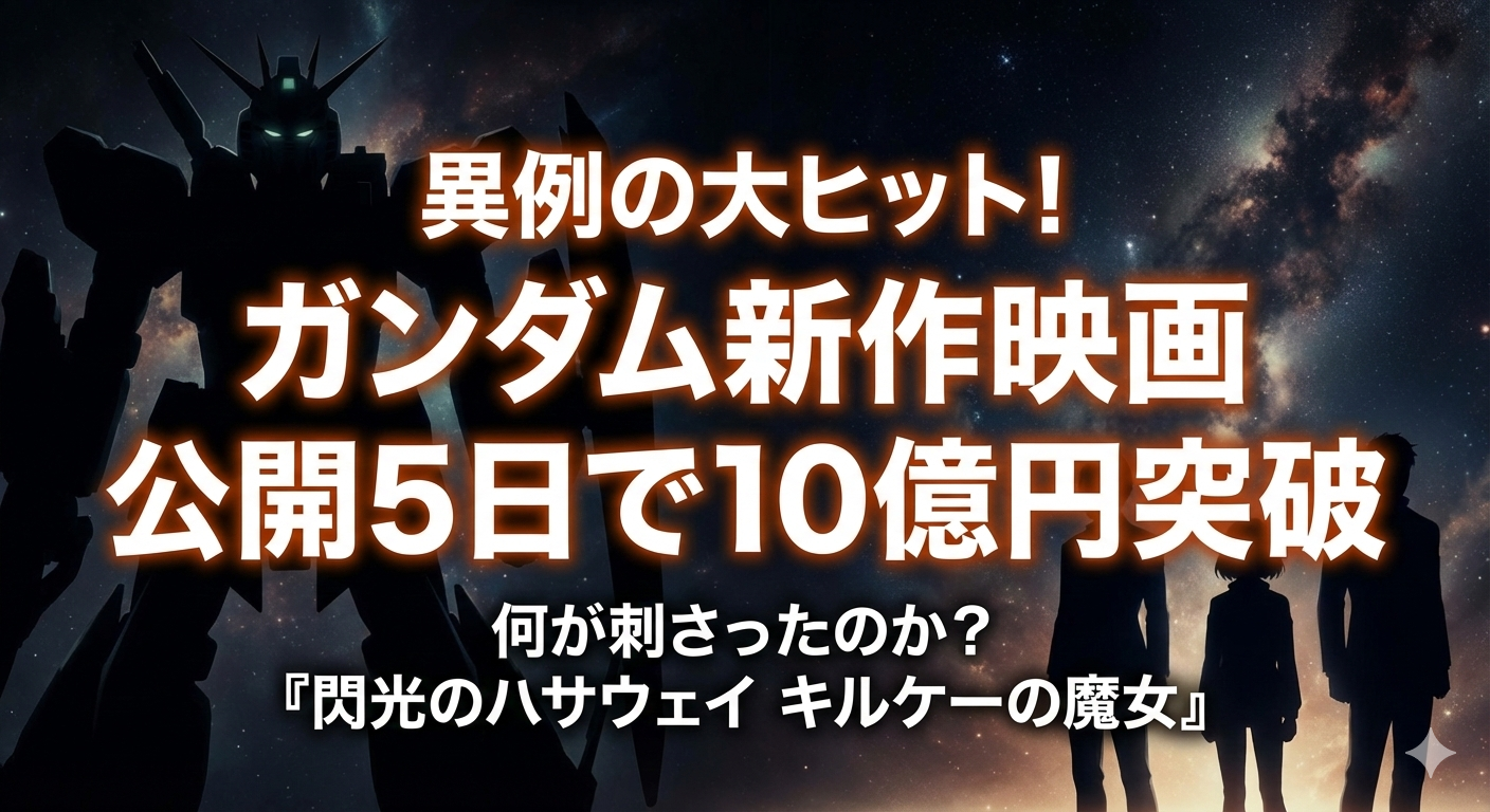 星空を背景に、巨大なロボットと3人の人物がシルエットで描かれた画像。「異例の大ヒット！ガンダム新作映画 公開5日で10億円突破」という大きな文字と、作品名『閃光のハサウェイ キルケーの魔女』のタイトル文字。