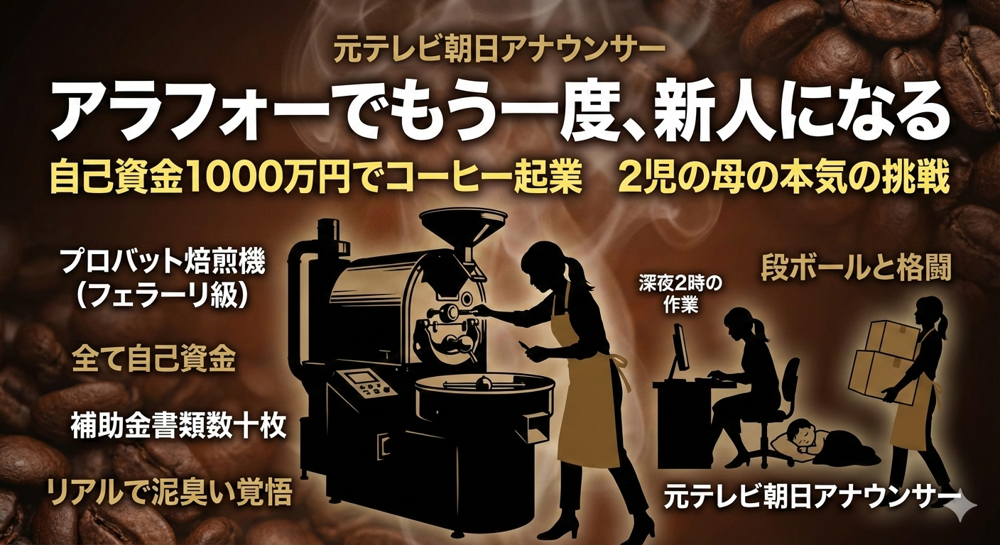 コーヒー豆を背景に、「アラフォーでもう一度、新人になる」という大きな見出しと、大型の焙煎機や育児・デスクワークをこなす女性のシルエットが描かれた、竹内由恵さんのコーヒー起業挑戦を象徴するアイキャッチ画像。
