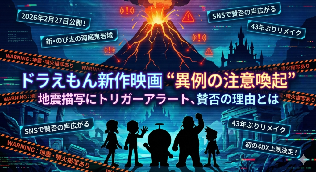 ドラえもん新作映画『新・のび太の海底鬼岩城』のアイキャッチ画像。中央に「ドラえもん新作映画“異例の注意喚起”」のタイトル文字。背景には噴火する海底火山と鬼岩城のシルエット、手前にはドラえもんとのび太たちのシルエット。全体に「WARNING」と書かれた黄色い規制テープが張り巡らされている。