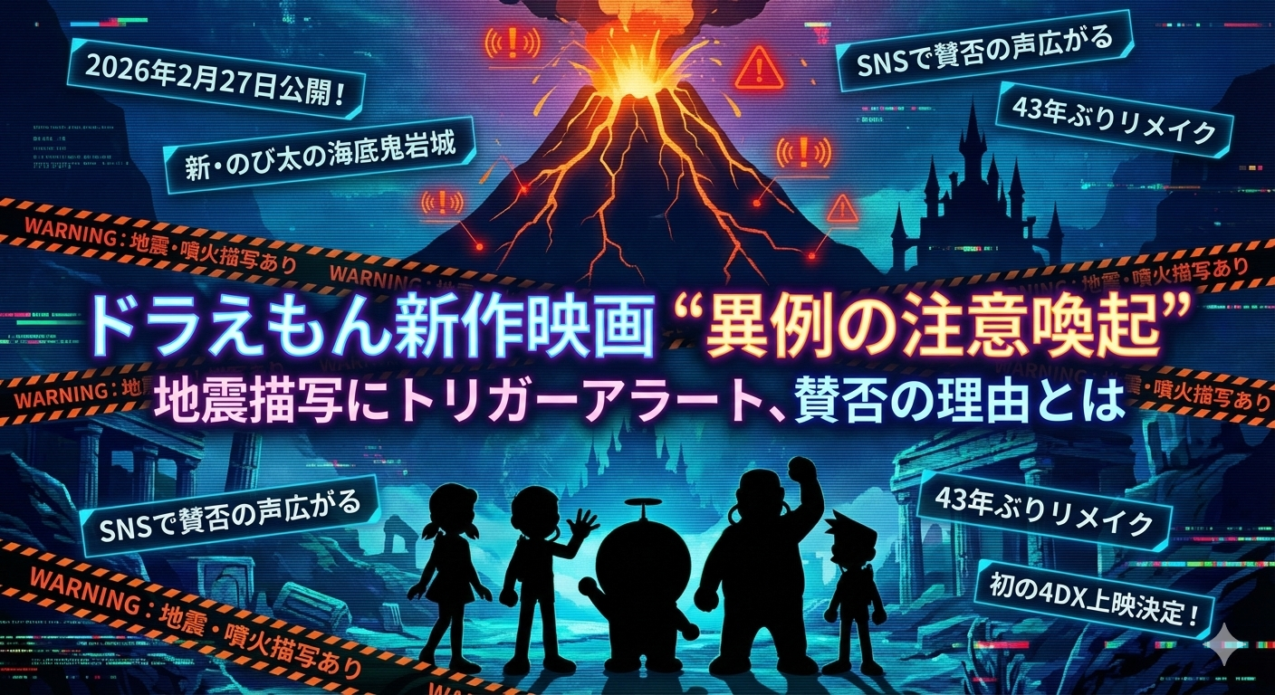 ドラえもん新作映画『新・のび太の海底鬼岩城』のアイキャッチ画像。中央に「ドラえもん新作映画“異例の注意喚起”」のタイトル文字。背景には噴火する海底火山と鬼岩城のシルエット、手前にはドラえもんとのび太たちのシルエット。全体に「WARNING」と書かれた黄色い規制テープが張り巡らされている。