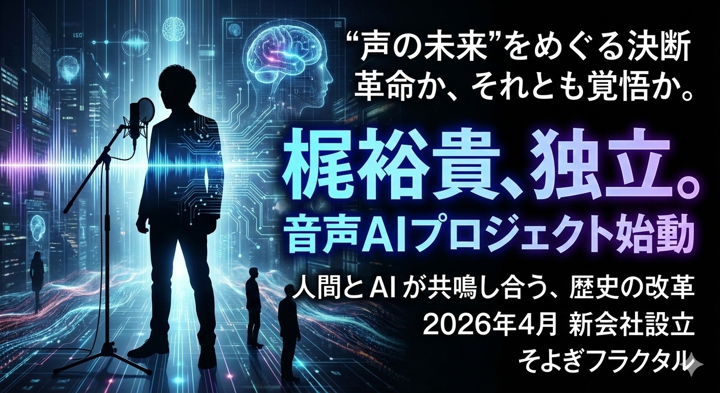 マイクの前に立つ男性のシルエットと、背景に広がるデジタル回路や脳のホログラム。「梶裕貴、独立。音声AIプロジェクト始動」という大きな文字が配された近未来的なデザイン。