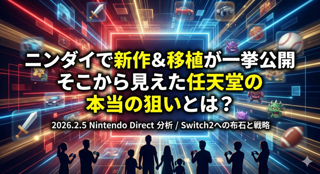 2026年2月5日のニンテンドーダイレクトを分析する記事のアイキャッチ画像。中央に「ニンダイで新作＆移植が一挙公開 そこから見えた任天堂の本当の狙いとは？」という大きなタイトル文字。背景にはサイバー空間のような光のトンネルと、様々なゲームジャンルを象徴するアイコンが浮遊している。下部にはゲーム機を持つ家族や若者たちのシルエットが並び、近未来的なゲーム体験を表現している。