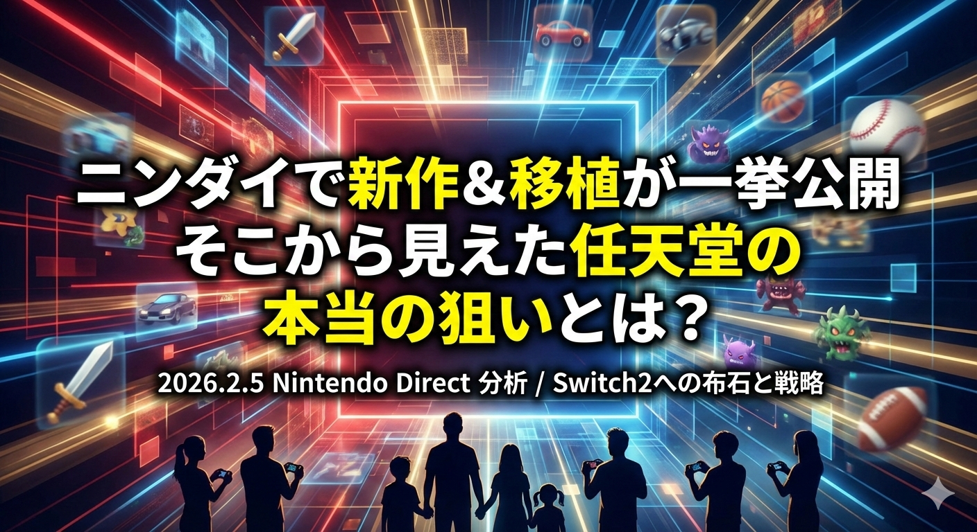 2026年2月5日のニンテンドーダイレクトを分析する記事のアイキャッチ画像。中央に「ニンダイで新作＆移植が一挙公開 そこから見えた任天堂の本当の狙いとは？」という大きなタイトル文字。背景にはサイバー空間のような光のトンネルと、様々なゲームジャンルを象徴するアイコンが浮遊している。下部にはゲーム機を持つ家族や若者たちのシルエットが並び、近未来的なゲーム体験を表現している。