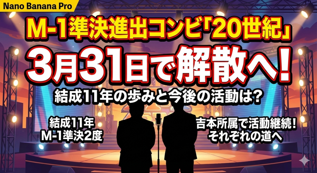 お笑いコンビ解散をイメージした漫才ステージと人物シルエットの画像