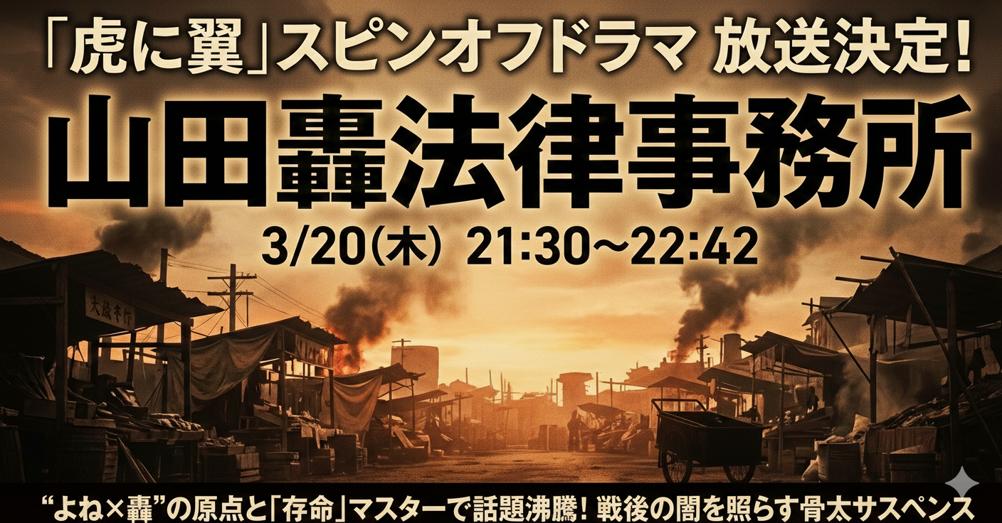 夕暮れ時の戦後の闇市を背景に、「山田轟法律事務所」という大きな筆文字風のタイトルが書かれた画像。中央にはリヤカーを引く人物などのシルエットが小さく配置され、上部に「虎に翼 スピンオフドラマ放送決定！」、下部に「“よね×轟”の原点と『存命』マスターで話題沸騰！」という文字が記されたアイキャッチ画像。
