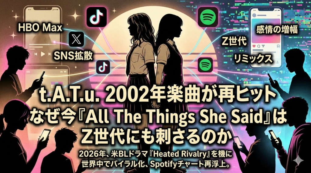 中央に背中合わせに立つ二人の女子学生のシルエット。背景にはスマートフォンを操作する人々のシルエットと、TikTok、Spotify、HBO Maxなどのロゴが散りばめられている。サイバーパンクなネオンカラーのデザインで、中央に「t.A.T.u. 2002年楽曲が再ヒット なぜ今『All The Things She Said』はZ世代にも刺さるのか」というタイトルが記載されたアイキャッチ画像。