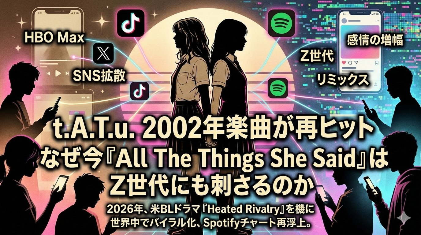 中央に背中合わせに立つ二人の女子学生のシルエット。背景にはスマートフォンを操作する人々のシルエットと、TikTok、Spotify、HBO Maxなどのロゴが散りばめられている。サイバーパンクなネオンカラーのデザインで、中央に「t.A.T.u. 2002年楽曲が再ヒット なぜ今『All The Things She Said』はZ世代にも刺さるのか」というタイトルが記載されたアイキャッチ画像。