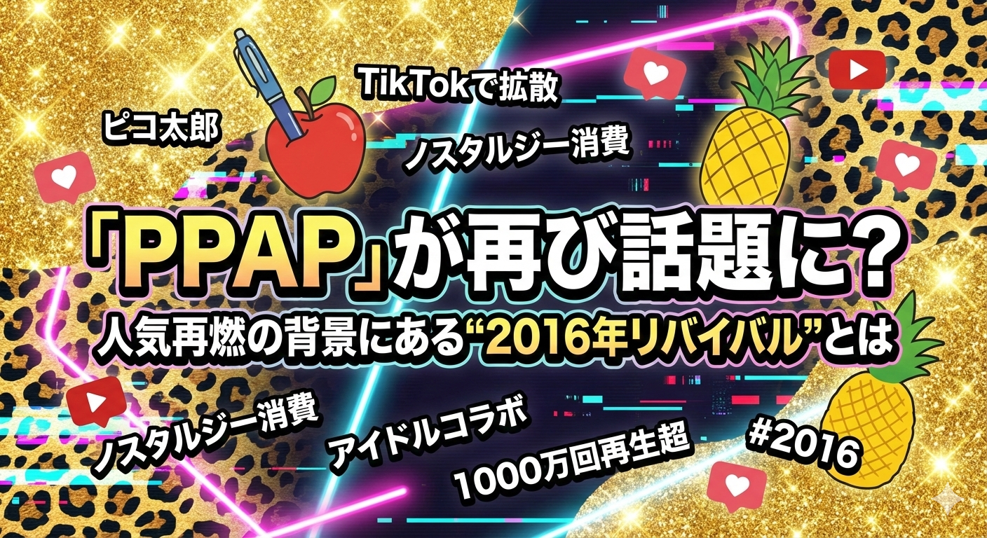 PPAP」が再び話題に？というタイトルが入ったブログ用アイキャッチ画像。豹柄と金色の背景に、ペンが刺さったリンゴとパイナップルのイラストが描かれている。周囲には「2016年リバイバル」「ノスタルジー消費」「アイドルコラボ」といった解説キーワードと、TikTokやYouTubeのSNSアイコンが散りばめられている。