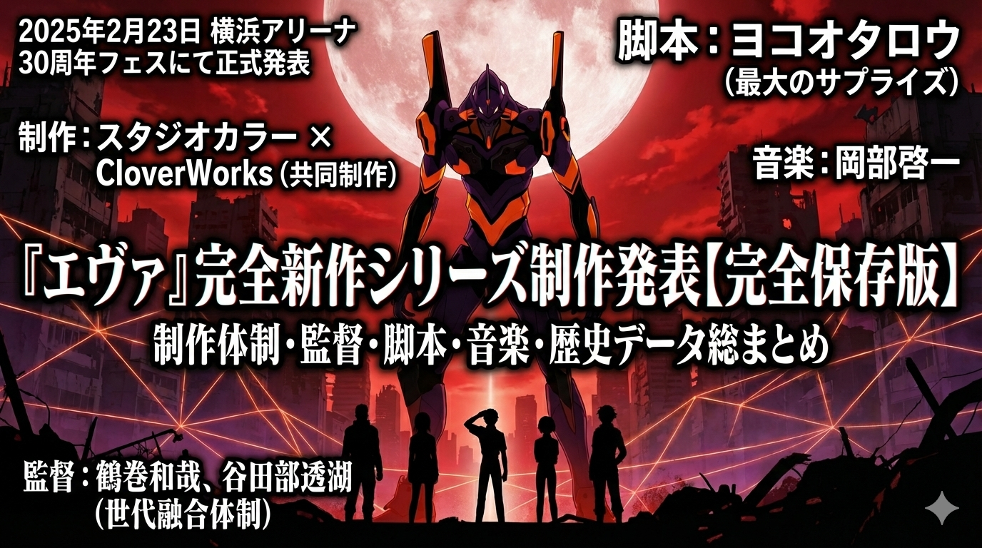赤い月と廃墟を背景に立つエヴァンゲリオンの機体と、手前に並ぶ人物たちのシルエット。画面には「エヴァ完全新作シリーズ制作発表」の文字と、ヨコオタロウ、鶴巻和哉、スタジオカラー×CloverWorksなどの制作陣の名前が記載されている。
