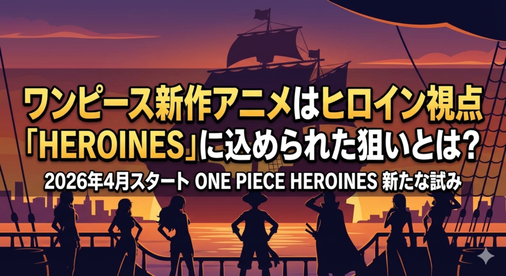 夕暮れの海と帆船を背に、ナミやロビンら『ONE PIECE』の女性キャラクターたちのシルエットが並ぶ、新作アニメ『ONE PIECE HEROINES』のアイキャッチ画像。