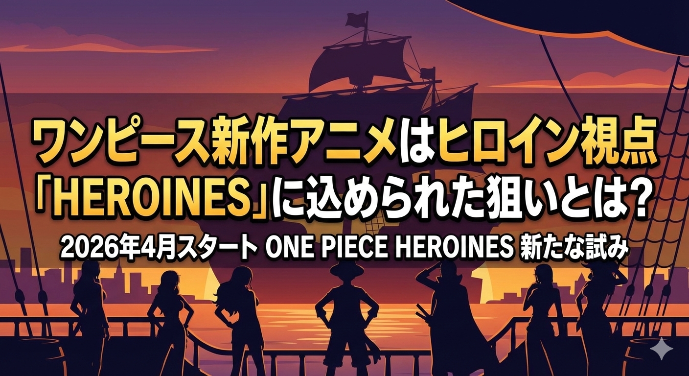 夕暮れの海と帆船を背に、ナミやロビンら『ONE PIECE』の女性キャラクターたちのシルエットが並ぶ、新作アニメ『ONE PIECE HEROINES』のアイキャッチ画像。