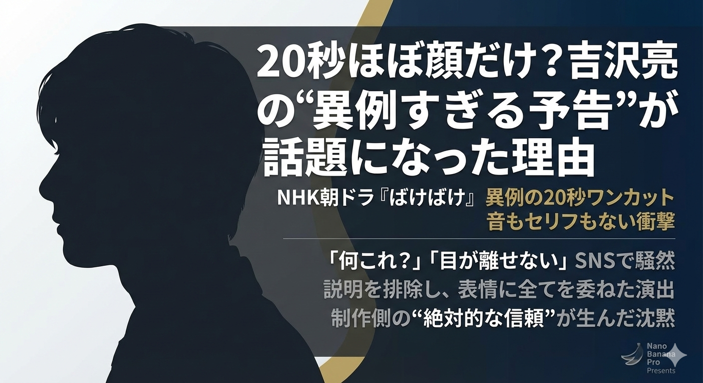 画面左側に男性の横顔のシルエットを配置し、右側に大きく「20秒ほぼ顔だけ？吉沢亮の“異例すぎる予告”が話題になった理由」という記事タイトルを配置したアイキャッチ画像。下部には「NHK朝ドラ『ばけばけ』異例の20秒ワンカット 音もセリフもない衝撃」などの解説テキストが添えられ、落ち着いたネイビーとゴールドの配色で構成されている。