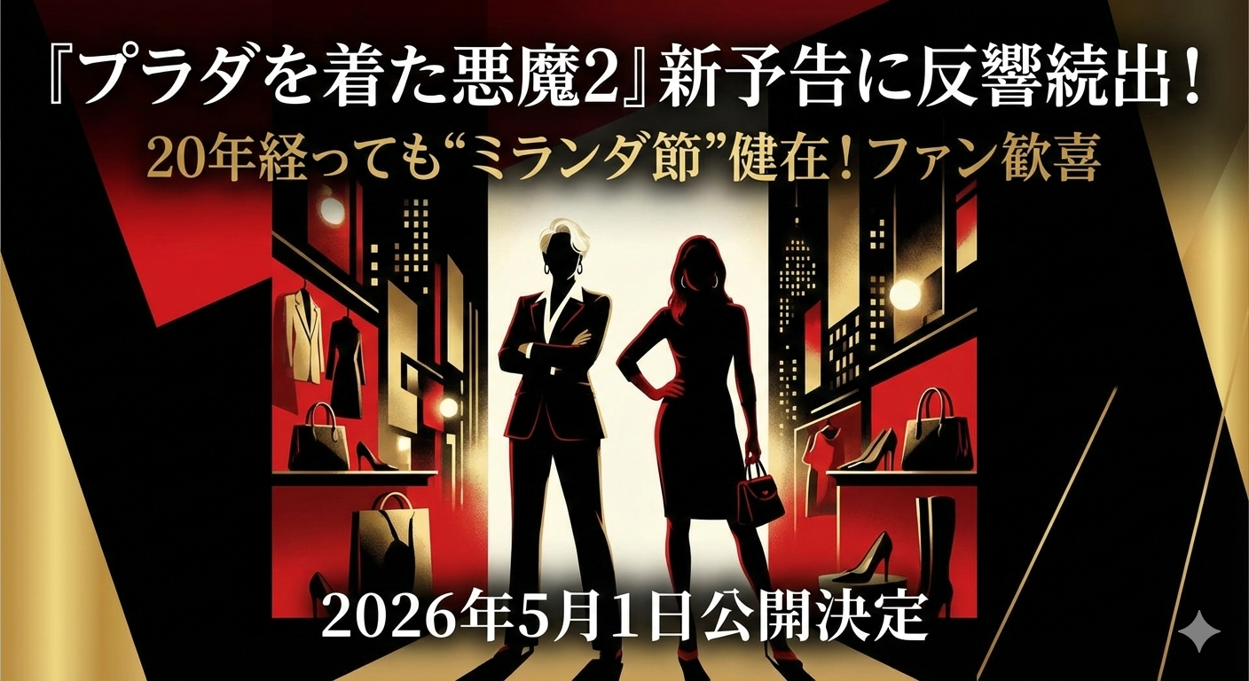 高級感のある赤と黒の背景に、大きな白文字で「『プラダを着た悪魔2』新予告に反響続出！」。その下に金色で「20年経っても“ミランダ節”健在！ファン歓喜」。中央にはミランダとアンディを思わせる女性二人のシルエットが立ち、下部に「2026年5月1日公開決定」と記されたアイキャッチ画像。