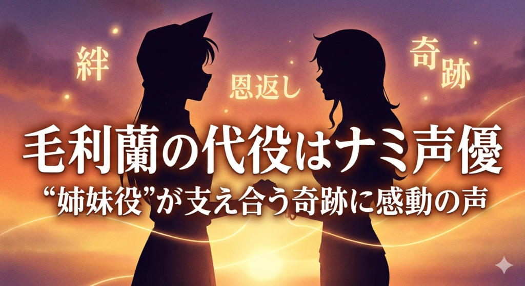 夕焼けの背景に、向かい合って手を取り合う二人の女性のシルエット。中央には「毛利蘭の代役はナミ声優、“姉妹役”が支え合う奇跡に感動の声」という文字が配置され、周囲に「絆」「恩返し」「奇跡」というキーワードが浮かんでいる画像。