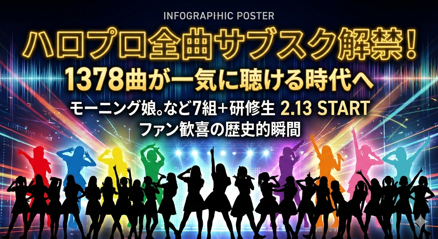 ステージ上でポーズをとるアイドルグループのシルエットと、背景に「ハロプロ全曲サブスク解禁！1378曲が一気に聴ける時代へ」という文字が書かれたブログ用アイキャッチ画像。