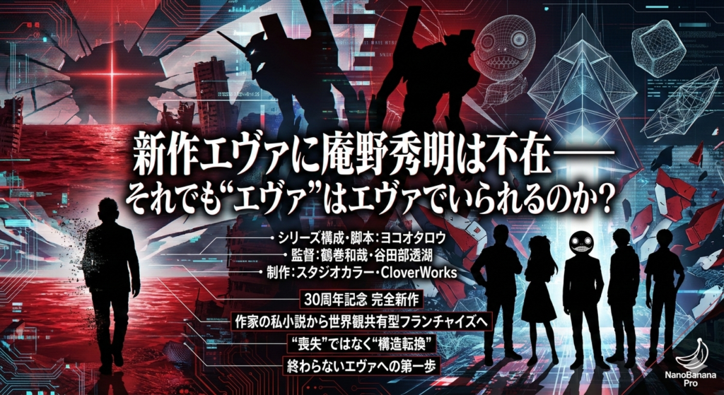 赤い海とノイズが走る近未来的な背景に、エヴァンゲリオン初号機と零号機のシルエットが浮かび上がるアイキャッチ。中央には「新作エヴァに庵野秀明は不在――それでも“エヴァ”はエヴァでいられるのか？」というキャッチコピーが大きく配置されている。左側には去りゆく庵野氏を想起させる人物のシルエット、右側にはエヴァのパイロットたちと、ヨコオタロウ氏を象徴するエミール風の被り物をした人物のシルエットが並んでいる。