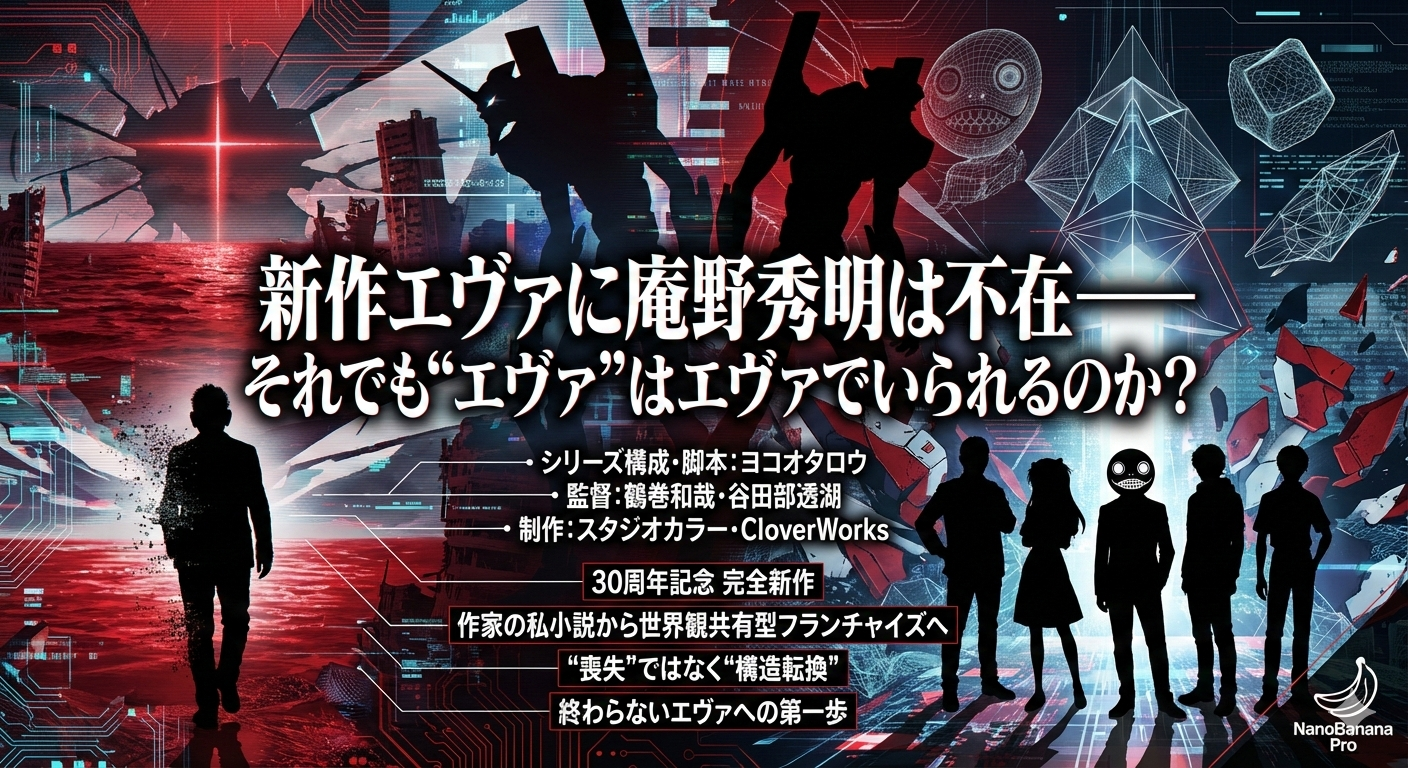 赤い海とノイズが走る近未来的な背景に、エヴァンゲリオン初号機と零号機のシルエットが浮かび上がるアイキャッチ。中央には「新作エヴァに庵野秀明は不在――それでも“エヴァ”はエヴァでいられるのか？」というキャッチコピーが大きく配置されている。左側には去りゆく庵野氏を想起させる人物のシルエット、右側にはエヴァのパイロットたちと、ヨコオタロウ氏を象徴するエミール風の被り物をした人物のシルエットが並んでいる。