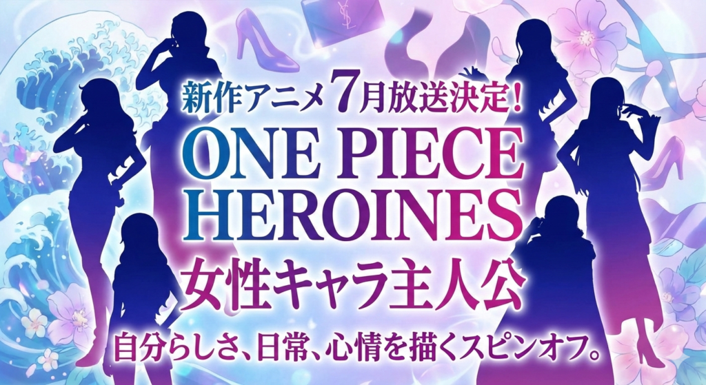 パステル調の華やかな背景に、ナミやロビンを彷彿とさせる複数の女性キャラクターのシルエットが並んだアイキャッチ画像。中央に「新作アニメ7月放送決定！ ONE PIECE HEROINES 女性キャラ主人公」という大きな文字と、「自分らしさ、日常、心情を描くスピンオフ」というキャッチコピーが配置されている。