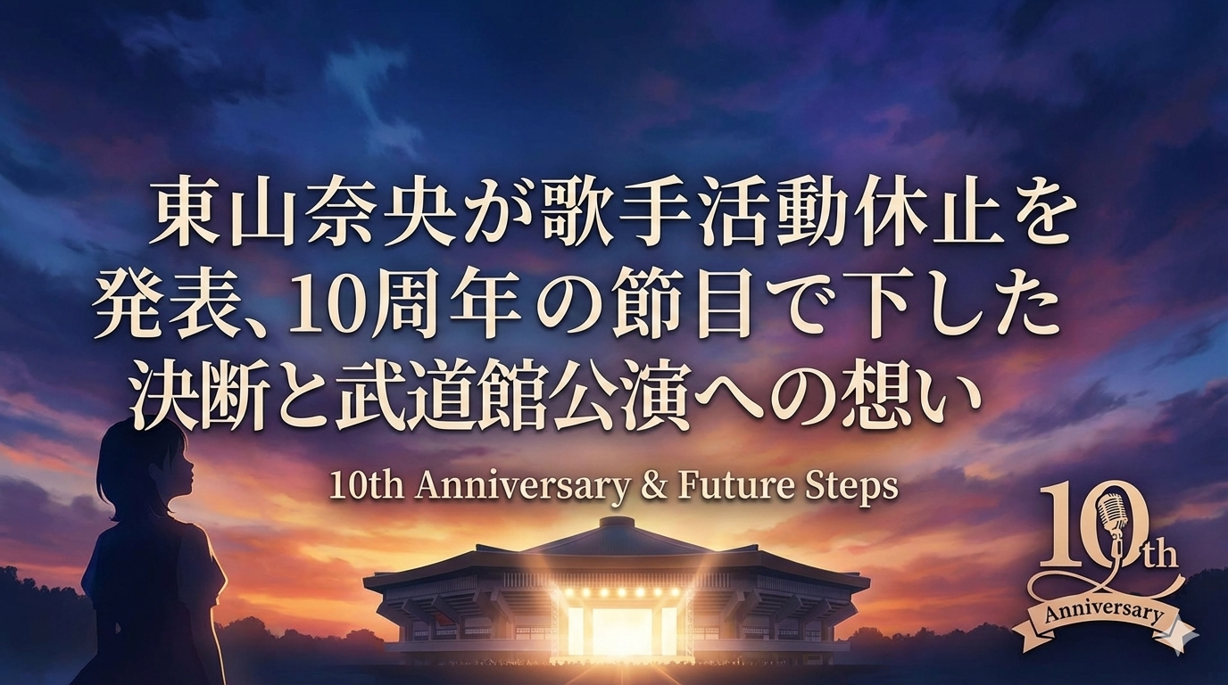 夕暮れ時の日本武道館を背景に、静かに前を見つめる女性のシルエットを配したアイキャッチ画像。「東山奈央が歌手活動休止を発表、10周年の節目で下した決断と武道館公演への想い」のタイトル文字と、10周年記念ロゴが添えられている。