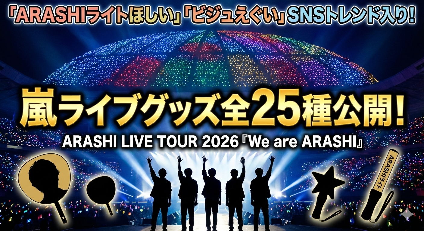 満員のドーム会場を背景に、嵐のメンバー5人のシルエットと、ジャンボうちわやARASHIライトのグッズシルエットが並ぶライブツアー告知アイキャッチ画像。
