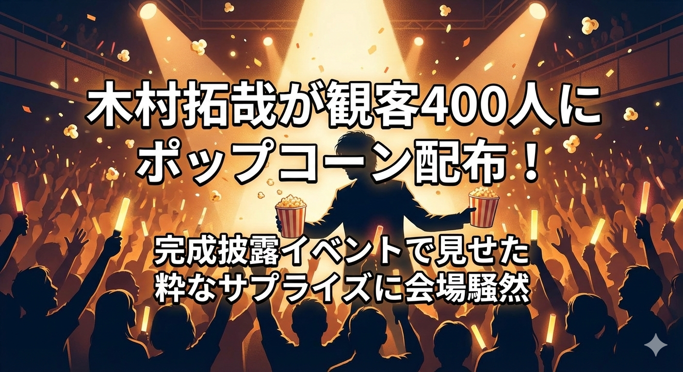 「木村拓哉が観客400人にポップコーン配布！完成披露イベントで見せた粋なサプライズに会場騒然」というタイトルが入ったブログ用アイキャッチ画像。スポットライトを浴びてポップコーンを掲げるスターのシルエットと、ペンライトを振って熱狂する観客の様子が描かれている。
