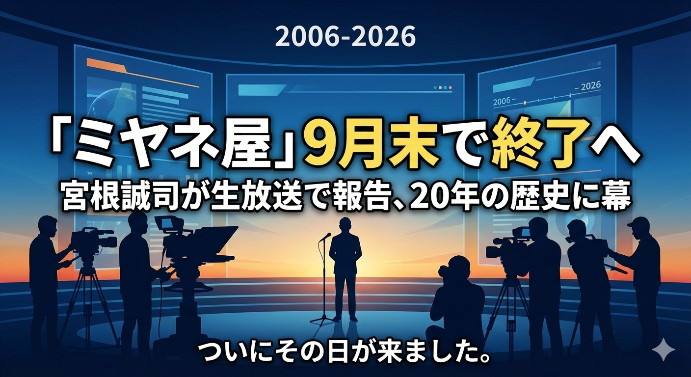 テレビスタジオのシルエットを背景に、「『ミヤネ屋』9月末で終了へ 宮根誠司が生放送で報告、20年の歴史に幕」という大きな文字が入ったブログ用アイキャッチ画像。中央にはマイクの前に立つ男性のシルエット、周囲にはカメラマンのシルエットが描かれている。